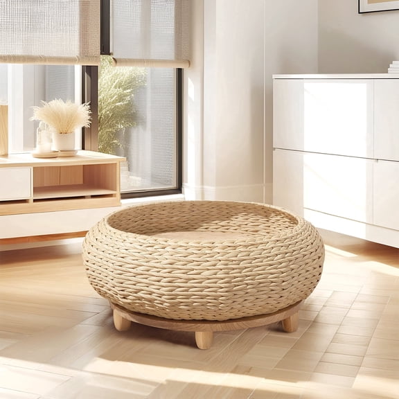 Happy & Polly Sleeping in The Bowl Handwoven Rattan Wood Cat Bed