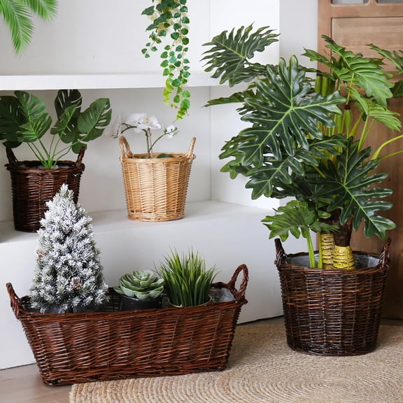 Handwoven Red Willow Planter Basket with Waterproof Liner – Natural Brown Decorative Flower Pot Holder for Indoor Use - Medium Size (Inner Top Ø 10", Inner Height 8")