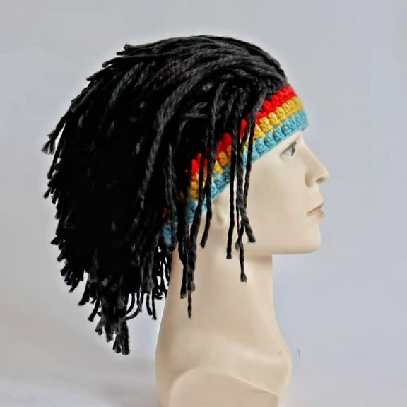 Handwoven Reggae Wig Hat Halloween Funny Adjustable Winter Warm Rider Mask with Beard and Woolen Wig Hat