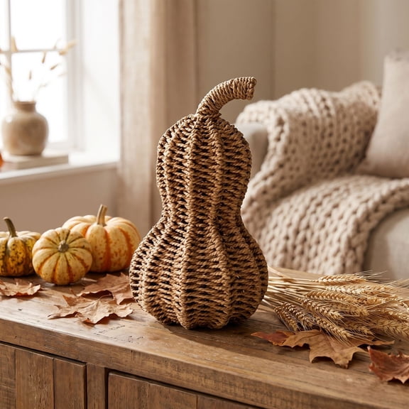 Handwoven Rope Gourd Decor, Fall Harvest Tabletop Centerpiece, Rustic Boho Accent, Natural Jute - Double Gourd