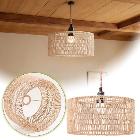 Handwoven Rope Pendant Light Shade Large Natural Wicker Paper Lamp Cover For Farmhouse Bedroom Living Room Hotel Dorm Ceiling Light Use
