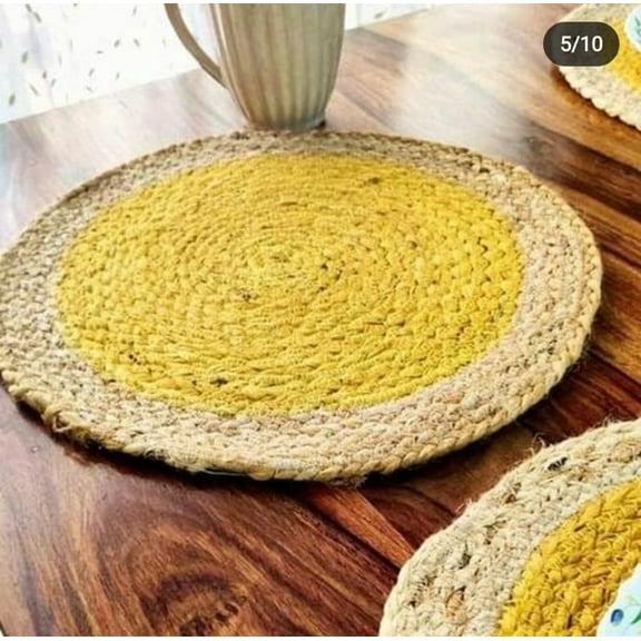 Handwoven Round Jute & Cotton Table Mat Yellow Natural Braided Placemat for Dining Table | Heat Resistant, Non-Slip, Eco-Friendly Rustic Dcor Boho Farmhouse Style (1 Piece)