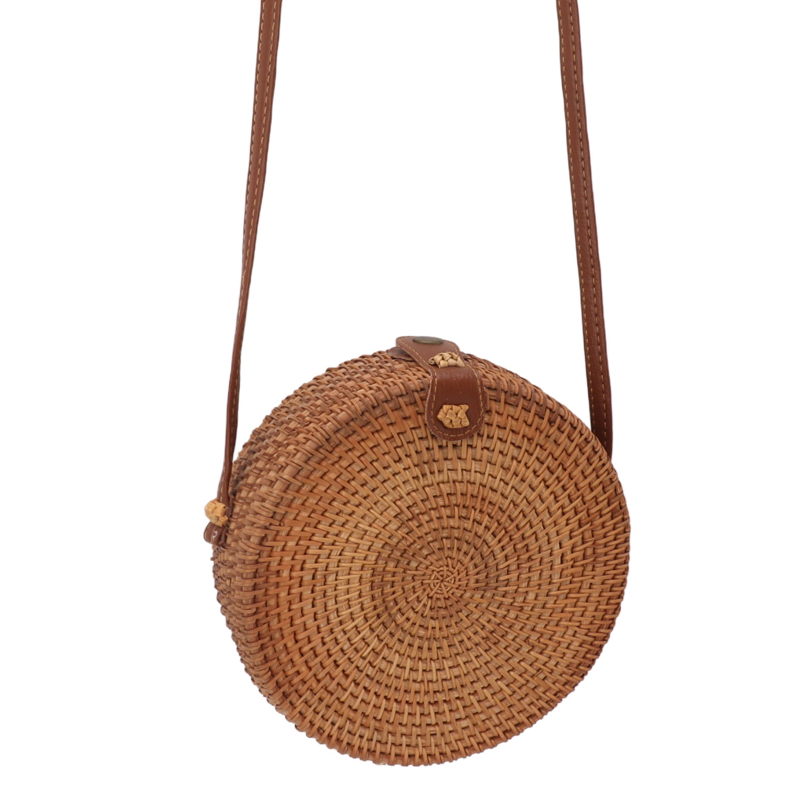 Handwoven Round Rattan Bag, Tropical Beach Style Woven Shoulder Purse