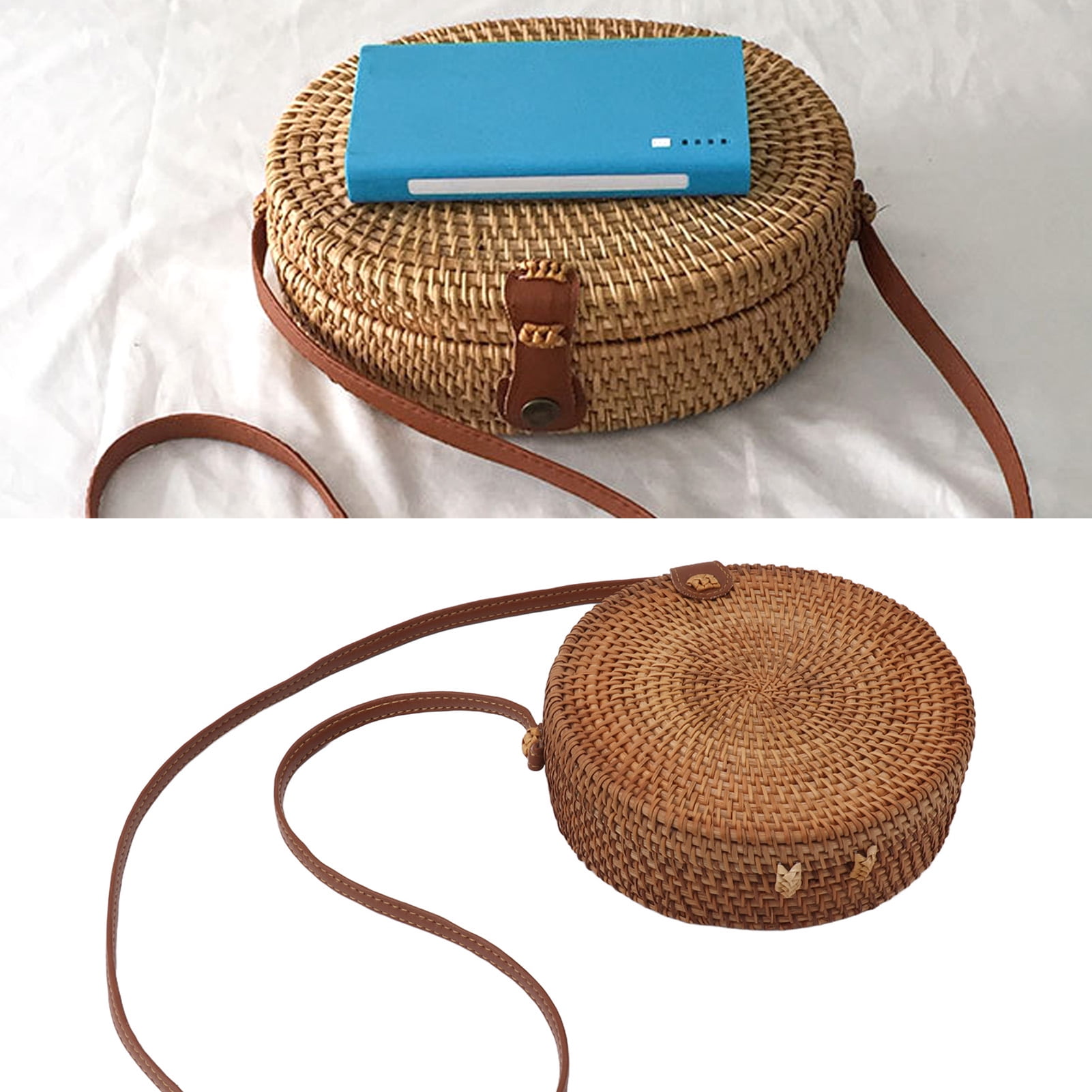 Handwoven Round Rattan Bag, Tropical Beach Style Woven Shoulder Purse