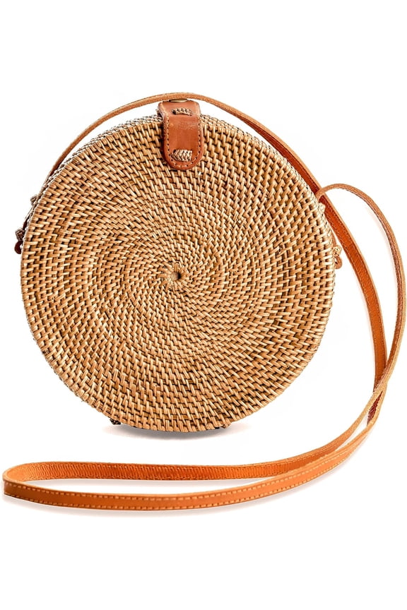 Handwoven Round Rattan Purse Crossbody - Straw Basket Wicker Bag for Women - Circle Summer Handbag