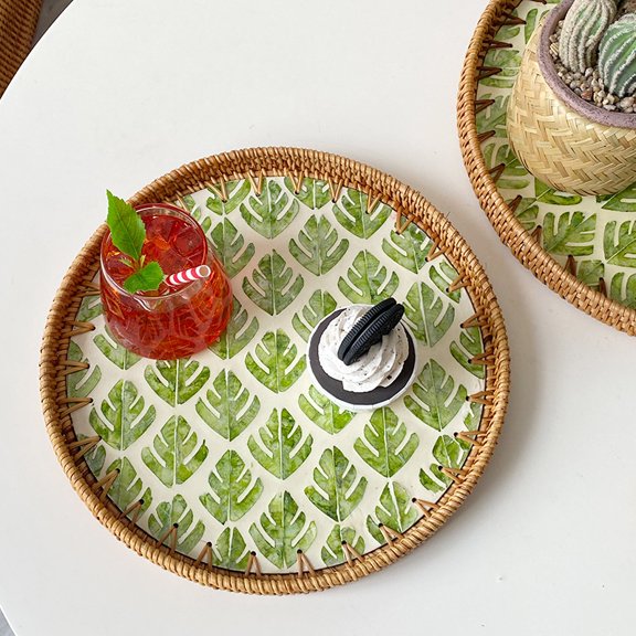 Handwoven Round Rattan Tray Green Tropical Leaf Pattern, Multi-Purpose Serving & Decor Tray
