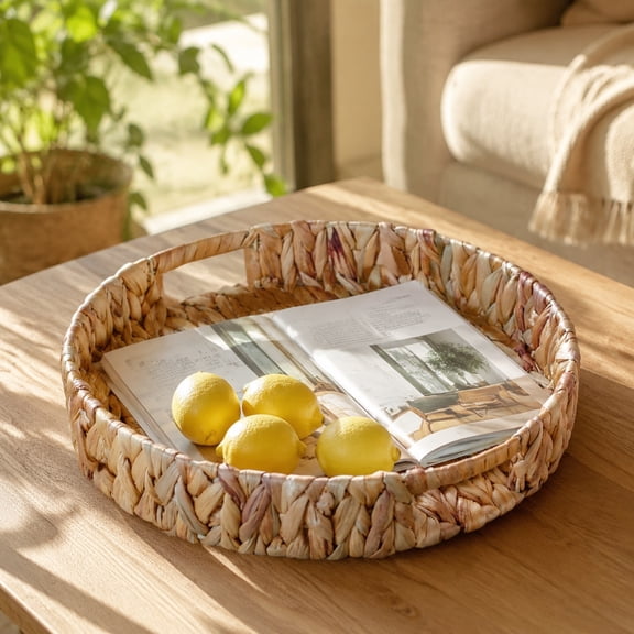Handwoven Round Seagrass Tray with Handles a Style Woven Basket for the Tabletop Suitable for Fruit or Bread., Woven Serving Tray Basket, Boho Tabletop Decor