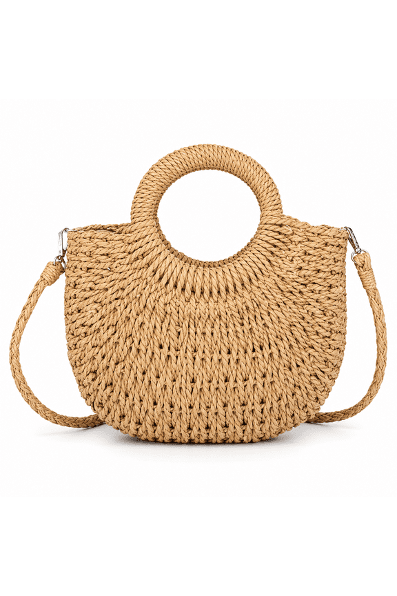 Handwoven Round Straw Tote Bag, Convertible Crochet Shoulder Crossbody Beach Purse with Reinforced Top Handles for Women's Summer Vacation and Everyday Styling