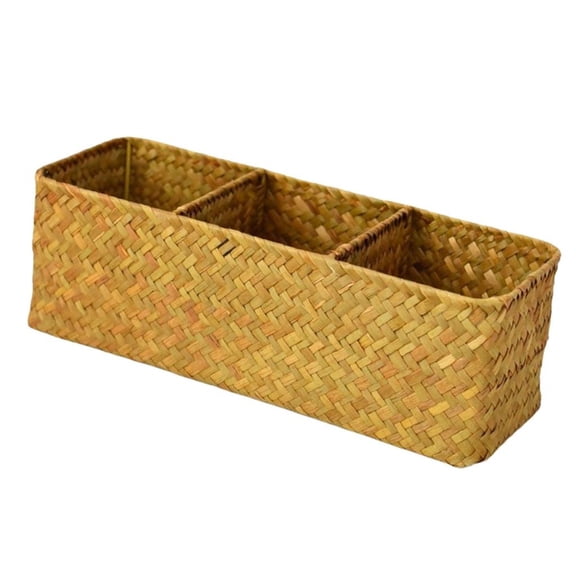 Handwoven Sea Grass Storage Box for Desk Organization 3 Compartment Desktop Basket with Lid Desk Organiser