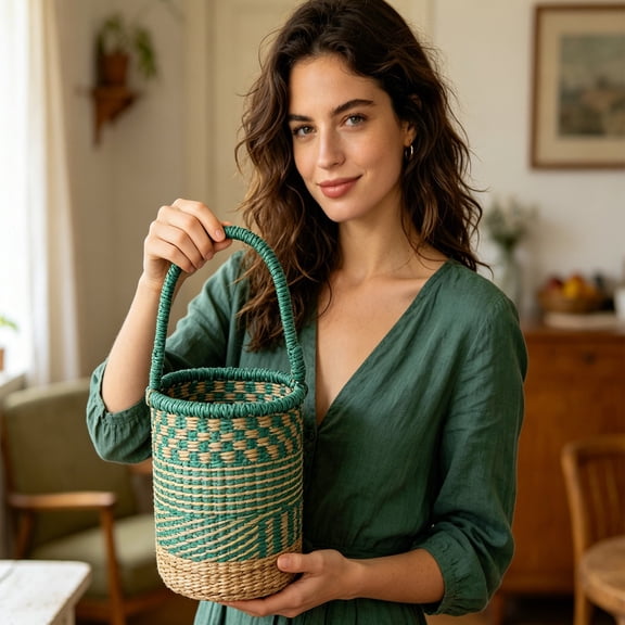 Handwoven Seagrass Basket African Woven Storage Tote with Handle Decorative Grocery Picnic Plant Organizer