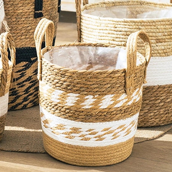 Handwoven Seagrass Flower Pot Basket with Liner & Handles, Floor Standing Planter Storage Bin, Natural Woven Basket for Indoor Outdoor Home Laundry Storage Decor