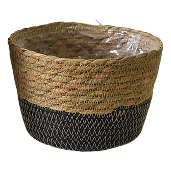 Handwoven Seagrass Plants Basket Woven Storage Organizer Flower Pot Cover Home Decor with Handles Black Small