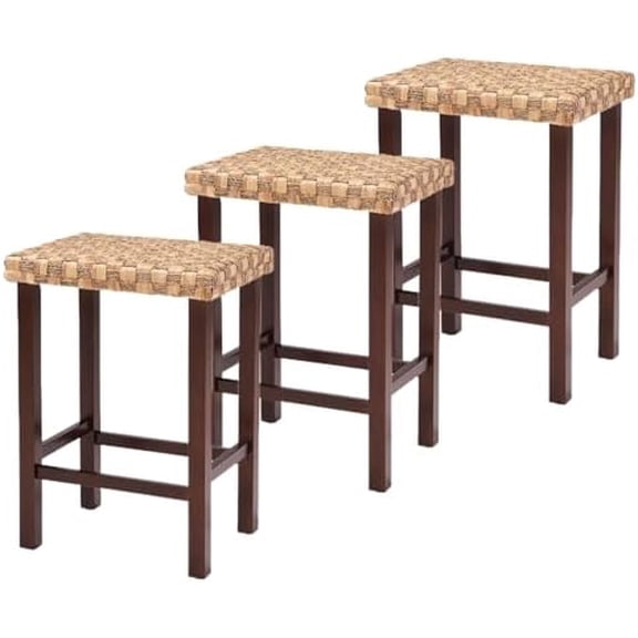 Handwoven Seagrass Seat Counter Stool Set of 3-26.3 inch Height Adjustable Foot Pegs, Solid Rubberwood Legs, Rustic Kitchen Bar Stool for Dining, Breakfast Nook, Farmhouse Decor$$Furniture