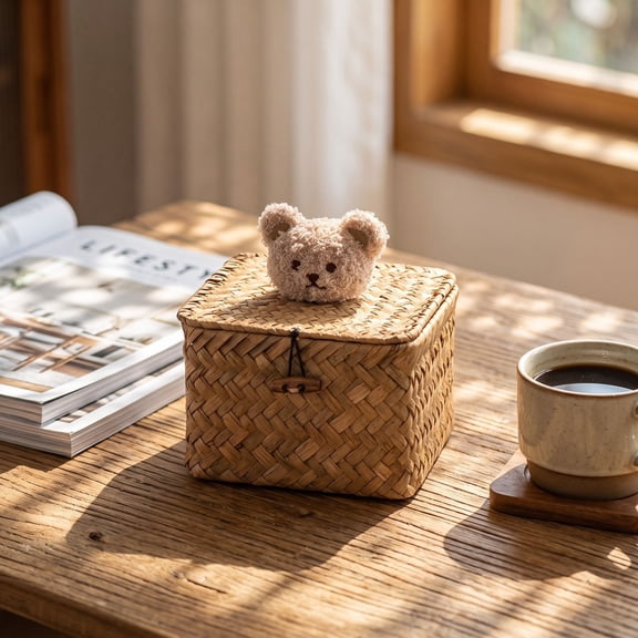Handwoven Seagrass Storage Box with Bear Lid Decor, Lidded Wicker Desktop Bin for Cosmetics Household Clutter Organization