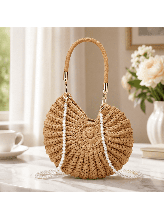 Handwoven Shell Tote Bag with Chain Strap, Large Capacity Bohemian Beach Handbag for Women, Beige Summer Travel Bag Khaki