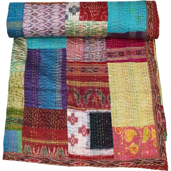 Handwoven Silk Patola Kantha – Elegant, Lightweight, Traditional Design, Perfect for Weddings and Festivals Size - Twin / Single Size - 60" x 90" / 152 cm x 228 cm