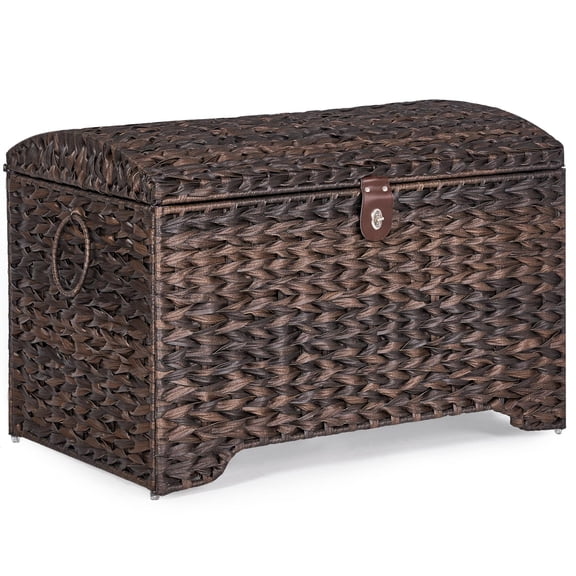 Handwoven Storage Basket With Lid 178l Plastic Rattan Bin Leather Buckle & Metal Frame Large Ring Handles Trunk For Bedroom Laundry Room