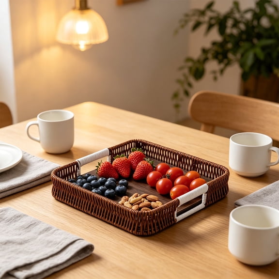 Handwoven Storage Tray Imitation Woven Serving Basket with Handles Plastic Decorative Fruit Table Organizer Square Flat Base 26 x 26 x 4 cm