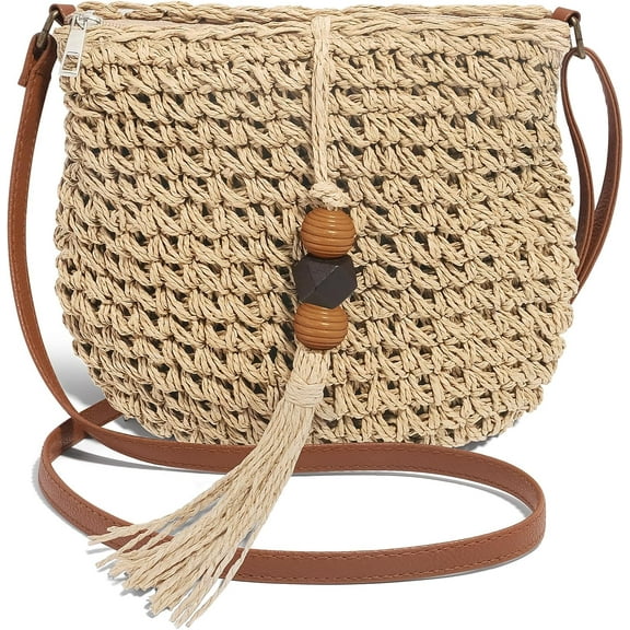 Handwoven Straw Bag for Women Vacation, Boho Beach Purse for Summer Wicker Crossbody Purse with Tassels