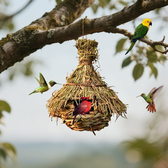 Handwoven Straw Bird Nest – Natural Gourd Decoration for Gardens & Pet Birds, Eco-Friendly Hanging Habitat (28x20cm)