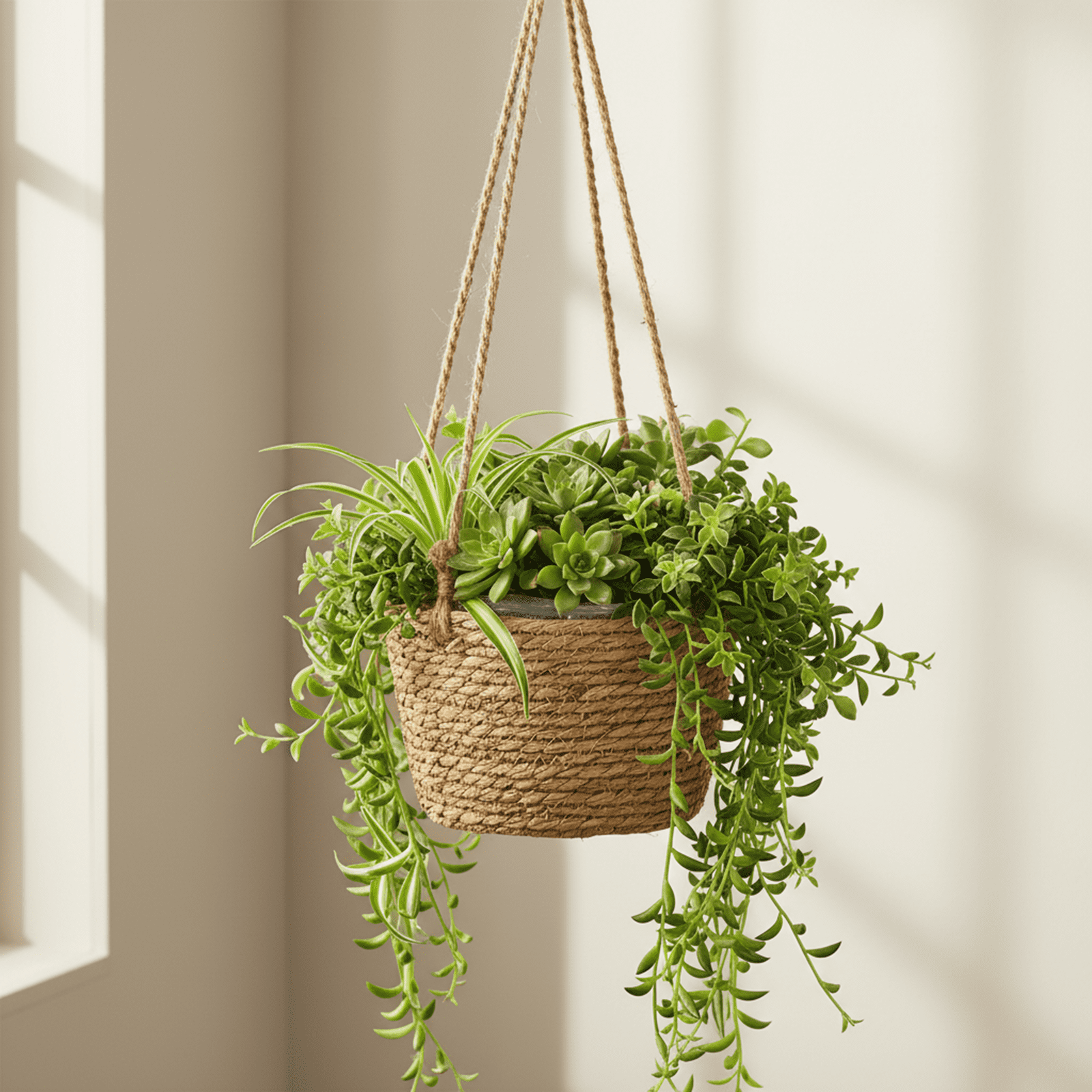 Handwoven Straw Hanging Flower Basket, Rattan Planter for Orchids and Potted Plants, Rustic Wall Decor for Indoor and Outdoor Spaces