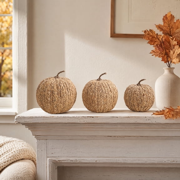 Handwoven Straw Pumpkin Natural Woven Pumpkin Medium, 3PC Rustic Farmhouse Fall Harvest Table Centerpiece, Braided Corn Husk Decorative Gourd, Eco-Friendly Autumn Thanksgiving Mantel Decor