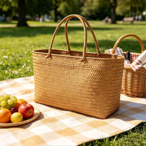 Handwoven Straw Tote Bag, Large Capacity Beach Shopping Basket Bag, Portable Carrier for Vacation Picnic Daily Use, Orange, Short Handle