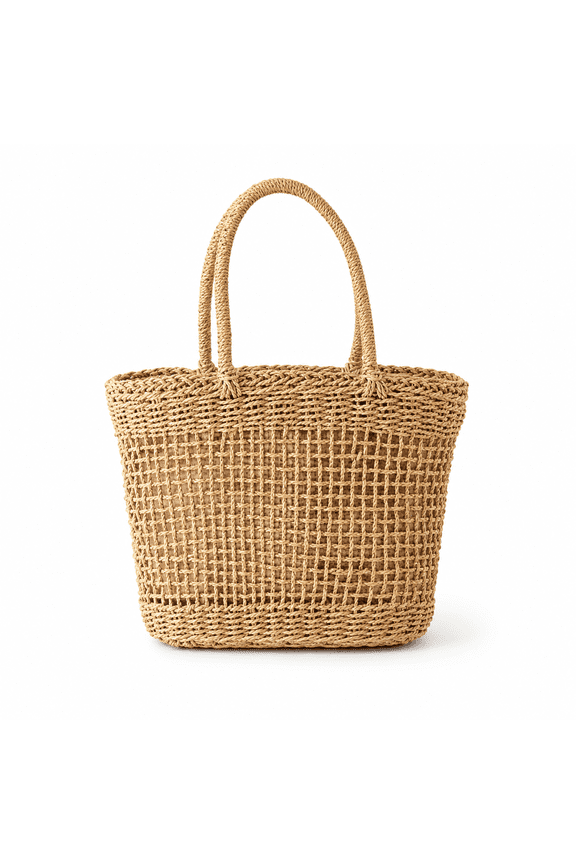 Handwoven Straw Tote Bag Open-Weave Grid Summer Beach Shoulder Purse with Built-in Privacy Lining and Large Capacity Trapezoid Silhouette for Vacation and Daily Travel