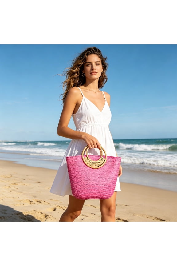 Handwoven Straw Tote Bag with Rattan Ring Handle - Brown Summer Beach Bag for Women, Casual Travel & Vacation Use | Spacious Open-Top Design, Lightweight & Easy to Clean
