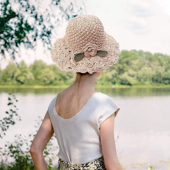 Handwoven Sun Hat for Women, Wenini Foldable Straw Beach Hat with Floral Decor, Sun-Protective Wide Brim Hat for Summer Beach Garden Travel