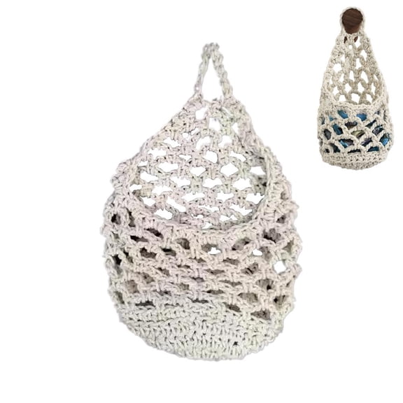 Handwoven Teardrop Hanging Basket for Kitchen Storage, Cotton Rope Wall Mounted Vegetable Fruit Organizer, Clothespin Peg Bag for Washing Line, Boho Home Decor for Bathroom & Pantry