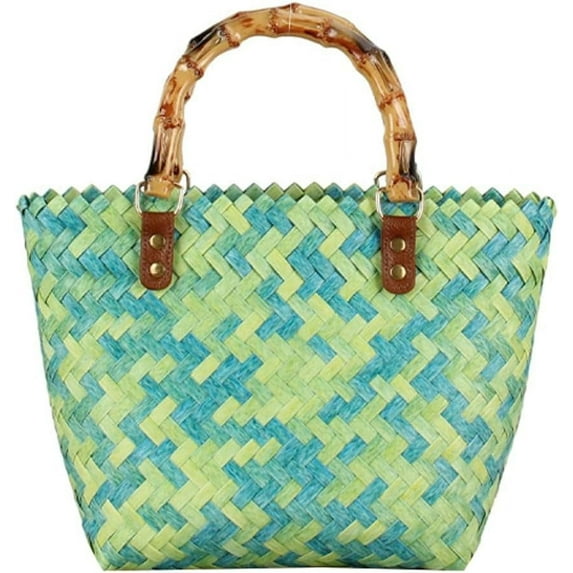 Handwoven Tote Bag for Women Straw Hobo Bag with Bamboo Handle PVC Bag Rattan Woven Handbag Summer Beach Purse