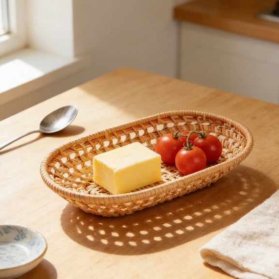 Handwoven Utensil Basket,Long Narrow Oval Serving Basket Small Rattan Bread Basket Boho Handmade Rattan Bowl Basketfor Storing Flatware, Baguettes, Snack, Fruits at Home or Party