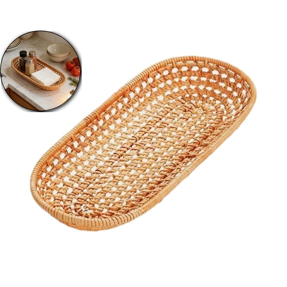 Handwoven Utensil Basket, Small Rattan Bread Basket, Handwoven Narrow Baskets for Storing Flatware, Snack, Fruits at Home or Party