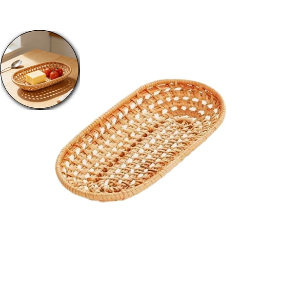 Handwoven Utensil Basket, Small Rattan Bread Basket, Handwoven Narrow Baskets for Storing Flatware, Snack, Fruits at Home or Party