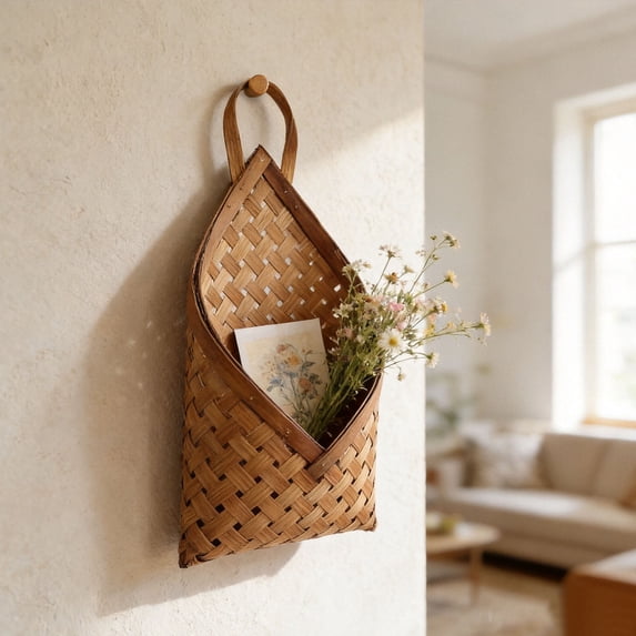 Handwoven Wall Hanging Basket, Natural Flat Woven Storage Pouch for Entryway Kitchen, Farmhouse Decor