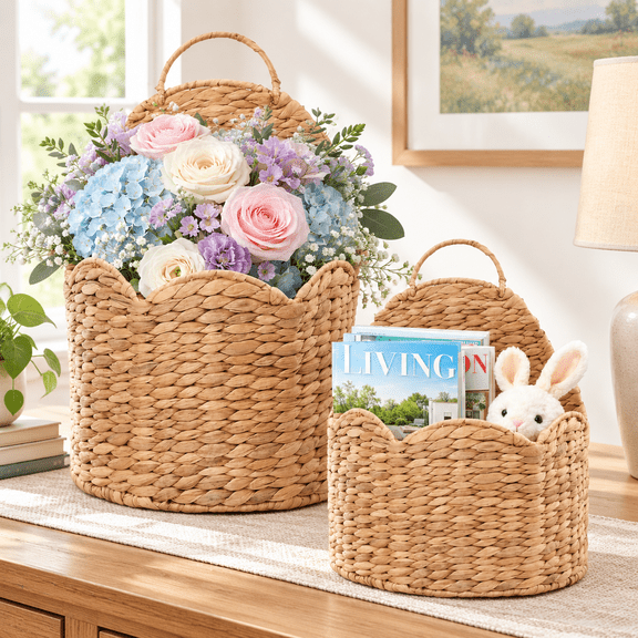 Handwoven Water Hyacinth Scalloped Hanging Basket Wall & Door Organizer