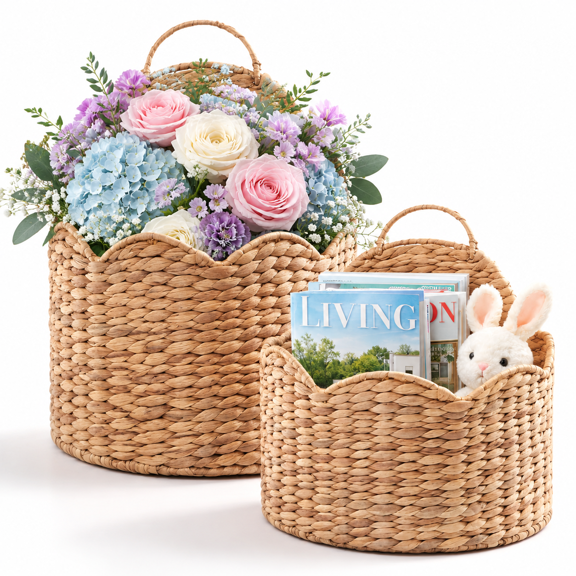 Handwoven Water Hyacinth Scalloped Hanging Basket Wall & Door Organizer