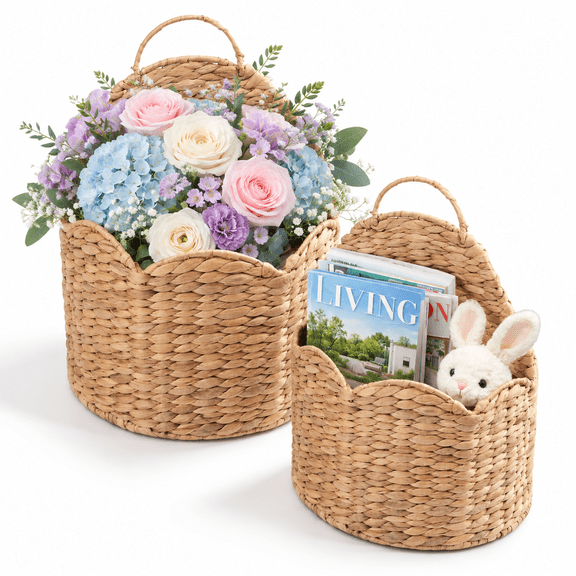 Handwoven Water Hyacinth Scalloped Hanging Basket Wall & Door Organizer