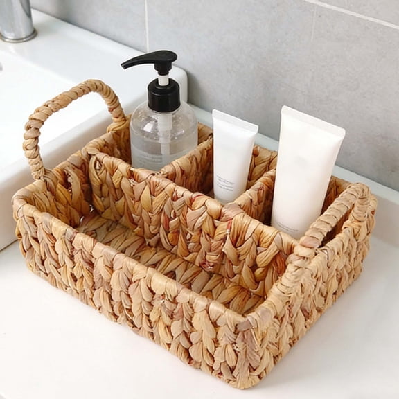Handwoven Water Hyacinth Storage Basket with Divider – Natural Woven Desktop Organizer for Bathroom, Kitchen, Lightweight with Handles, Eco-Friendly Small Sorting Tote