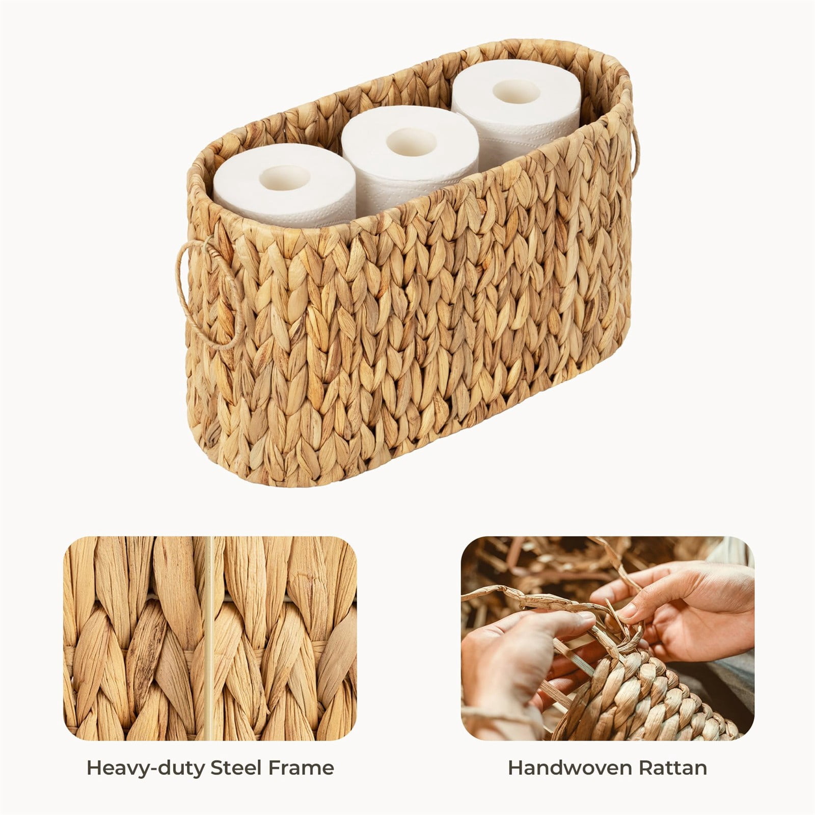 Handwoven Water Hyacinth Storage Basket with Handles, Decorative Organizer for Home, Office, Shelves, Natural Eco-Friendly Woven Bin