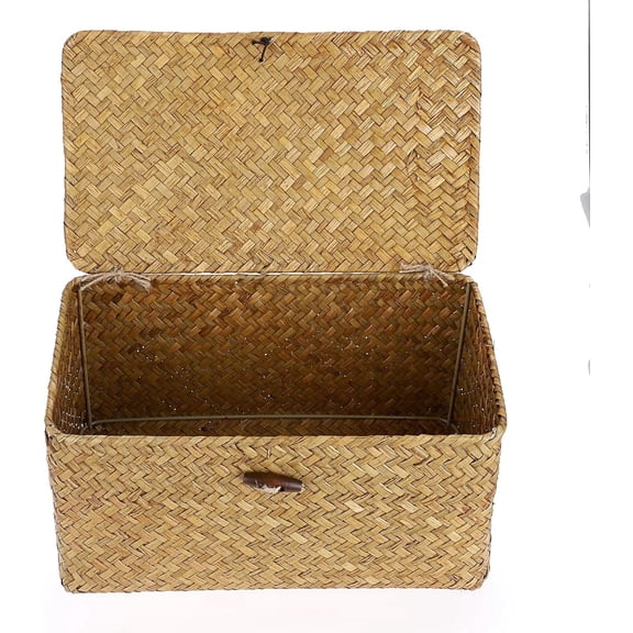 Handwoven Water Hyacinth Storage Baskets, Wicker Basket with Lid, Rectangular Household Organizer Boxes,Laundry Organizer Totes(Large,11.41 x 7.48 x 5.11inch)