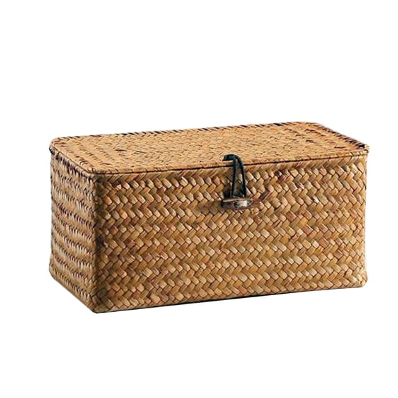 Handwoven Water Hyacinth Storage Baskets, Wicker Basket with Lid, Rectangular Household Organizer Boxes,Laundry Organizer Totes(Medium,11.42 x 7.48 x 4.72 inch)