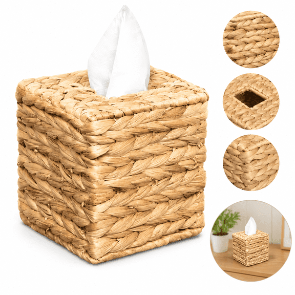 Handwoven Water Hyacinth Tissue Box Cover, Natural Wicker Napkin Box Holder, Boho Rustic Square Facial Tissue Holder for Table, Bathroom, Office Decor
