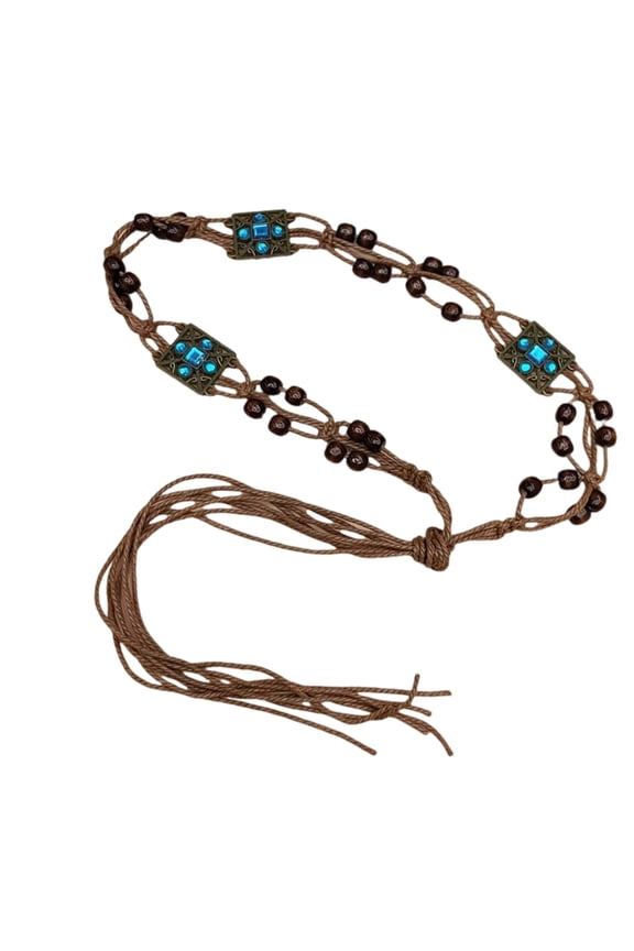 Handwoven Wax Rope Waist Belt With Fringed Ethnic Design Beads Decors Rope Belt
