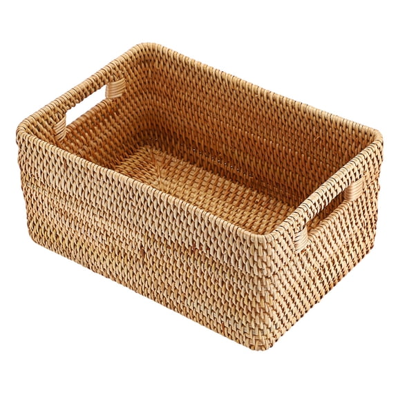 Handwoven Wicker Basket for Organizing Natural Rattan Basket with Handles Rectangular Closet Organizer Bin Multipurpose Storage Box, 13.8" x 9.8" x 6.3"