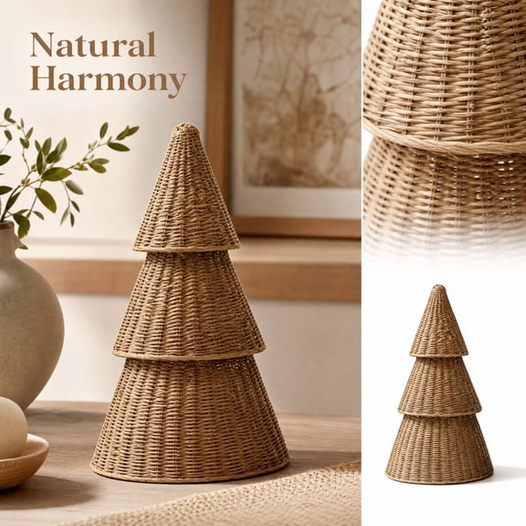 Handwoven Wicker Christmas Tree Tabletop Decoration - 7.87" Rustic Woven Straw Christmas Tree Statue Small Holiday Centerpiece for Mantel, Table & Farmhouse Xmas Decor