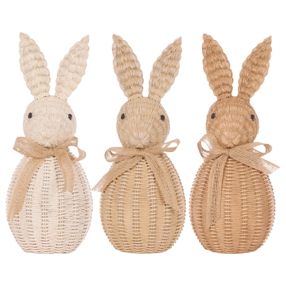 Handwoven Wicker Easter Bunny Decor Set of 3 Rustic Straw Rabbit Figurines with Bows Tabletop Decor for Mantel & Easter Centerpiece