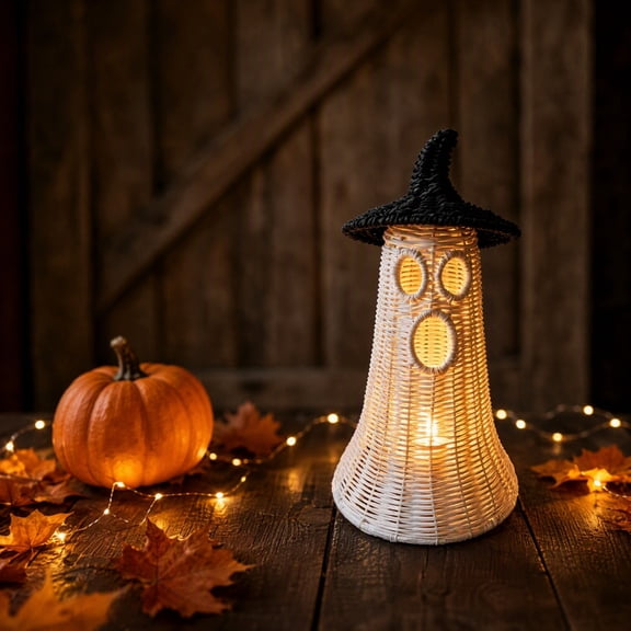 Handwoven Wicker Ghost Halloween Decoration With Detachable Black Witch Hat Lid,13.78in Rustic Rattan Spooky Lantern Centerpiece, Farmhouse DarkBotanical Tabletop Mantel Boho Holiday Ornament