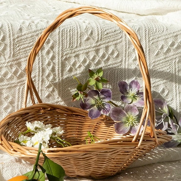Handwoven Wicker Harvest Basket with Handle, Portable Flower Gathering and Storage Basket, Rustic Picnic Storage Decorative Baskets for Flowers & Vegetables (Wood S)